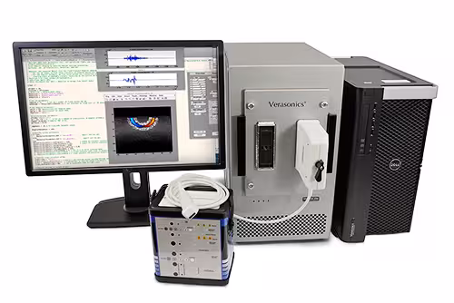 Ultrasonic-research-Vantage-System Picture of the Vantage 256 system with host controller and high frequency transducer