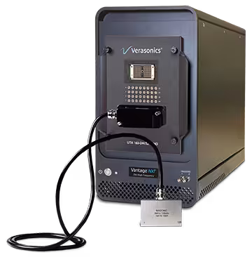 Picture of a Vantage NXT system with the NXT UTA 160-DH/32 LEMO and the Imasonic P5-128vN transducer 