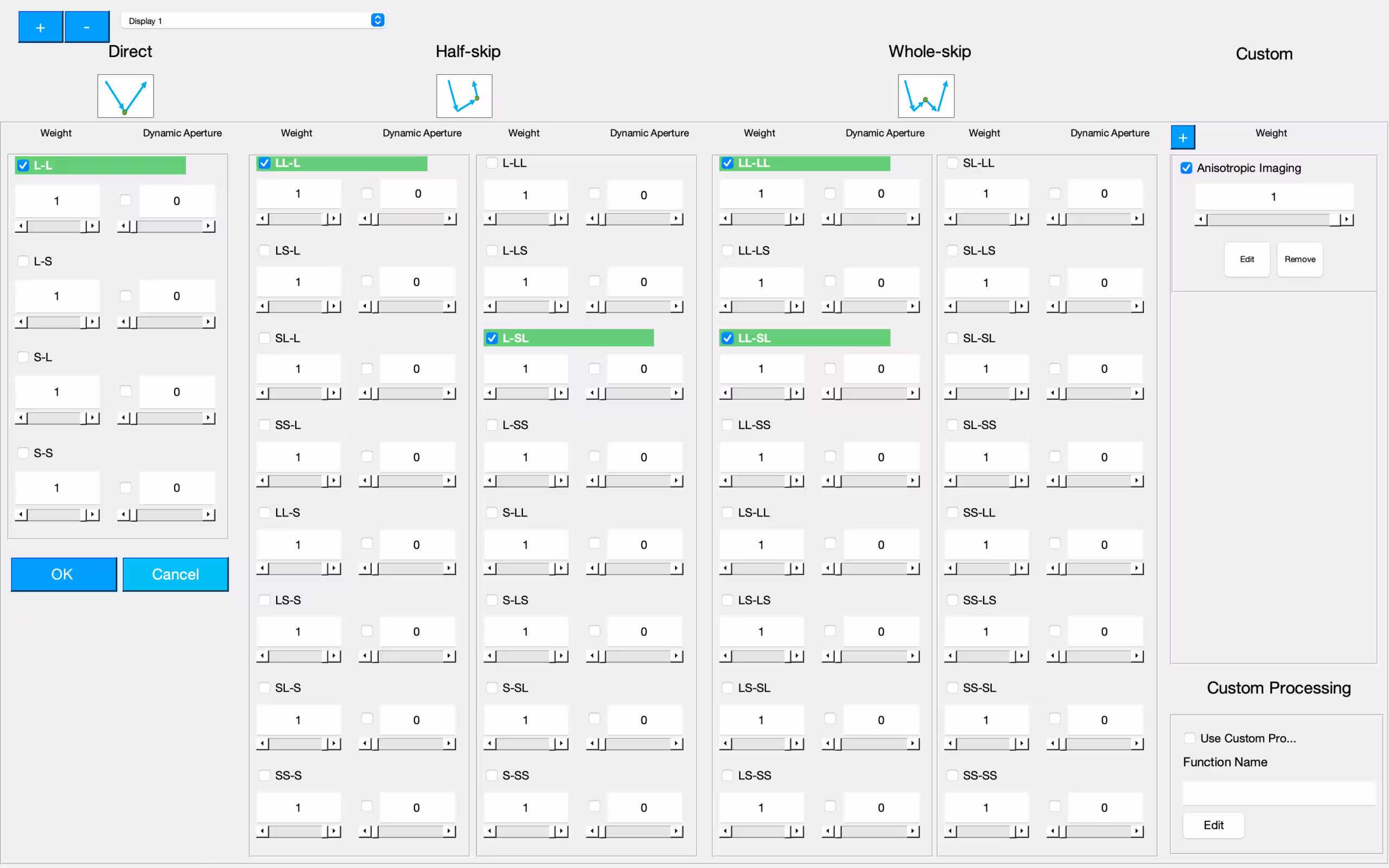 mode_window Image of the Mode Selection Window: select any combination of direct, half-skip, full-skip and custom modes