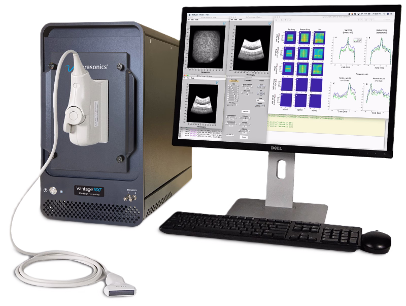 Vantage NXT Biomed-small Picture of the Vantage NXT system with a transducer and a screen depicting graphics and data analysis