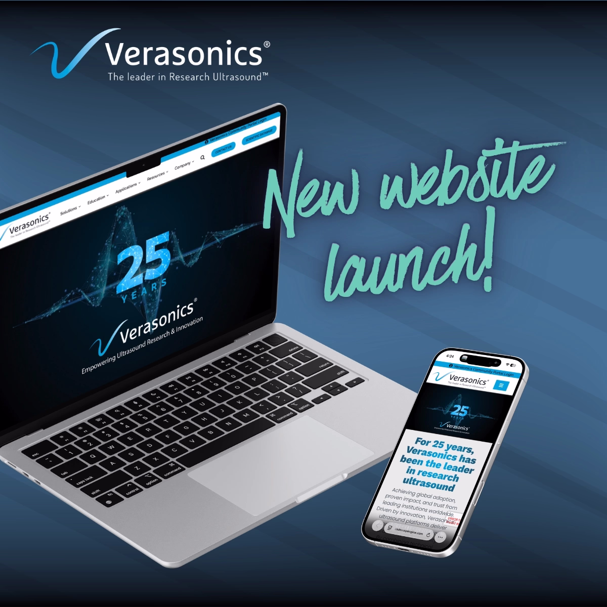 New_Website graphic showing a laptop and a smartphone with the homepage of the new and improved Verasonics website