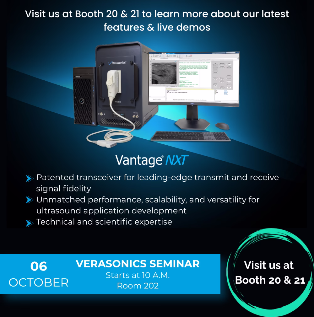 Verasonics IUS Ad 2026 – PW Verasonics Ad for IUS. Visit us at booth 20 & 21 and attend our seminar on Tuesday, October 6th at 10 a.m. room 202